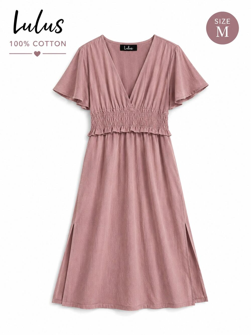Lulus 100% Cotton Midi Dress Women's M Mauve Flutter Sleeve Smocked Waist V Neck